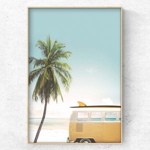 Printable photo of an yellow retro camper van with a surfboard, coastal wall art, beach print, California print, Instant download