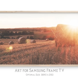 Samsung Frame TV art, modern Farmhouse photo, 4K digital art for TV display, instant download, Hay bales in the sunset