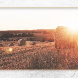 Hay bales at sunset digital print, cornfield print, printable modern farmhouse wall decor, Instant Download