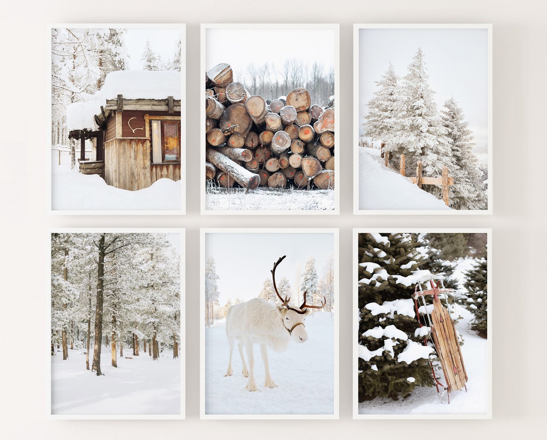 Winter Set of 6 Prints, White Reindeer, Snow Forest Photo, Log Cabin ...