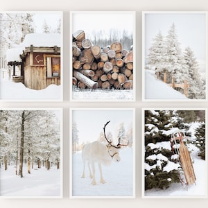 Winter Set of 6 prints, white reindeer, snow forest photo, log cabin printable, neutral christmas gallery wall, Instant Digital Download