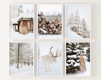 Winter Set of 6 prints, white reindeer, snow forest photo, log cabin printable, neutral christmas gallery wall, Instant Digital Download