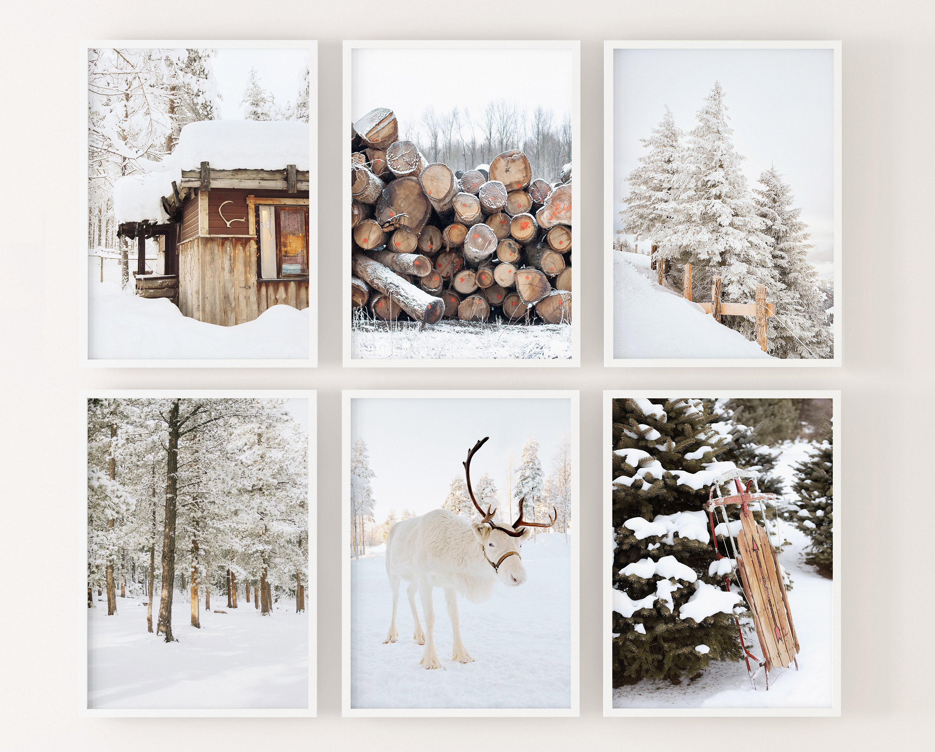 Winter Set of 6 Prints, White Reindeer, Snow Forest Photo, Log Cabin ...