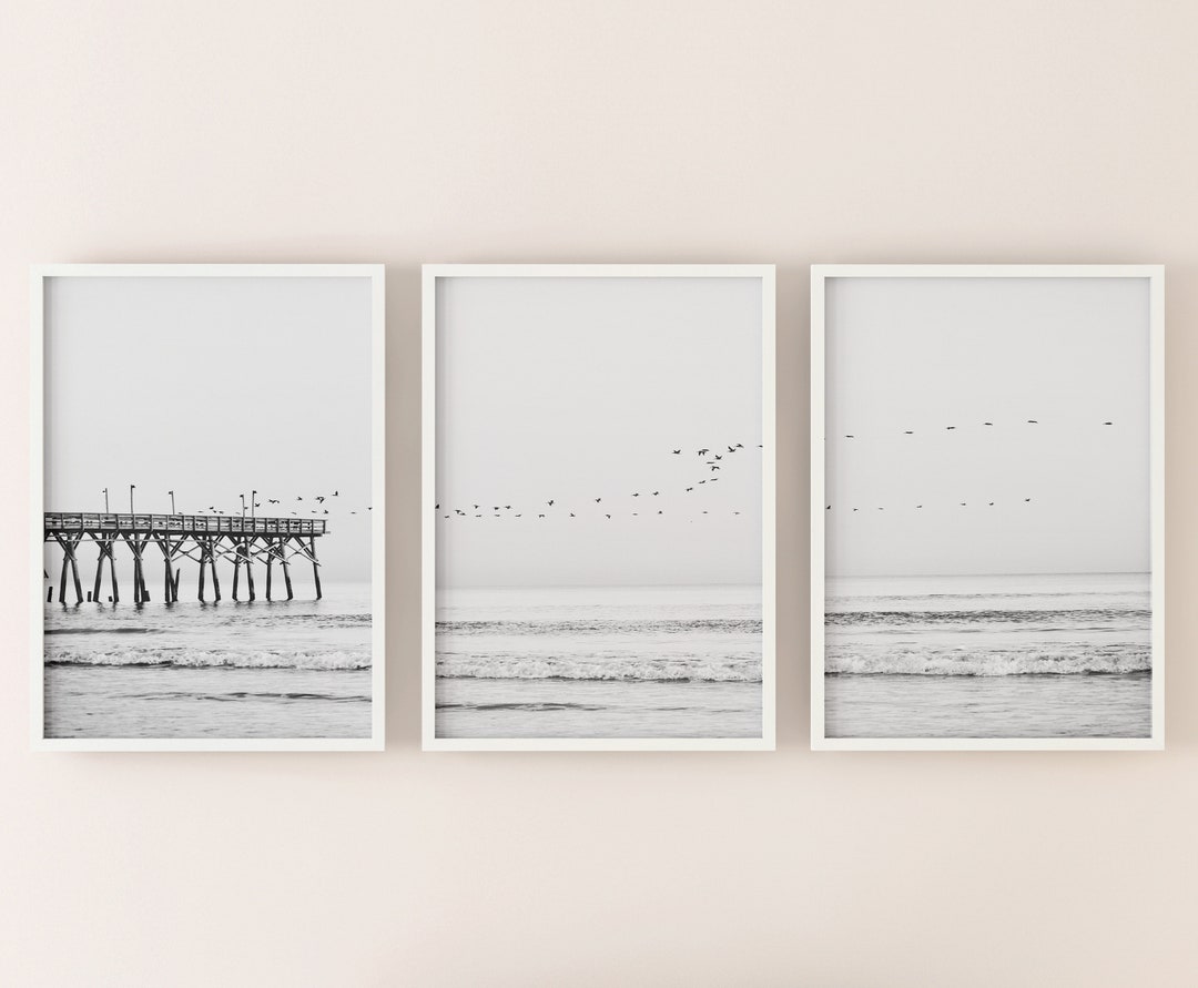 Set of 3 Coastal Prints, Printable Beach Wall Art, Black and White ...