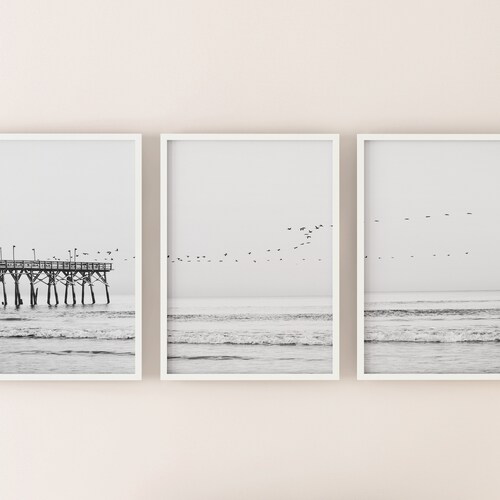 Beach Wall Art Set of 3 Prints Black and White Art Beach Etsy