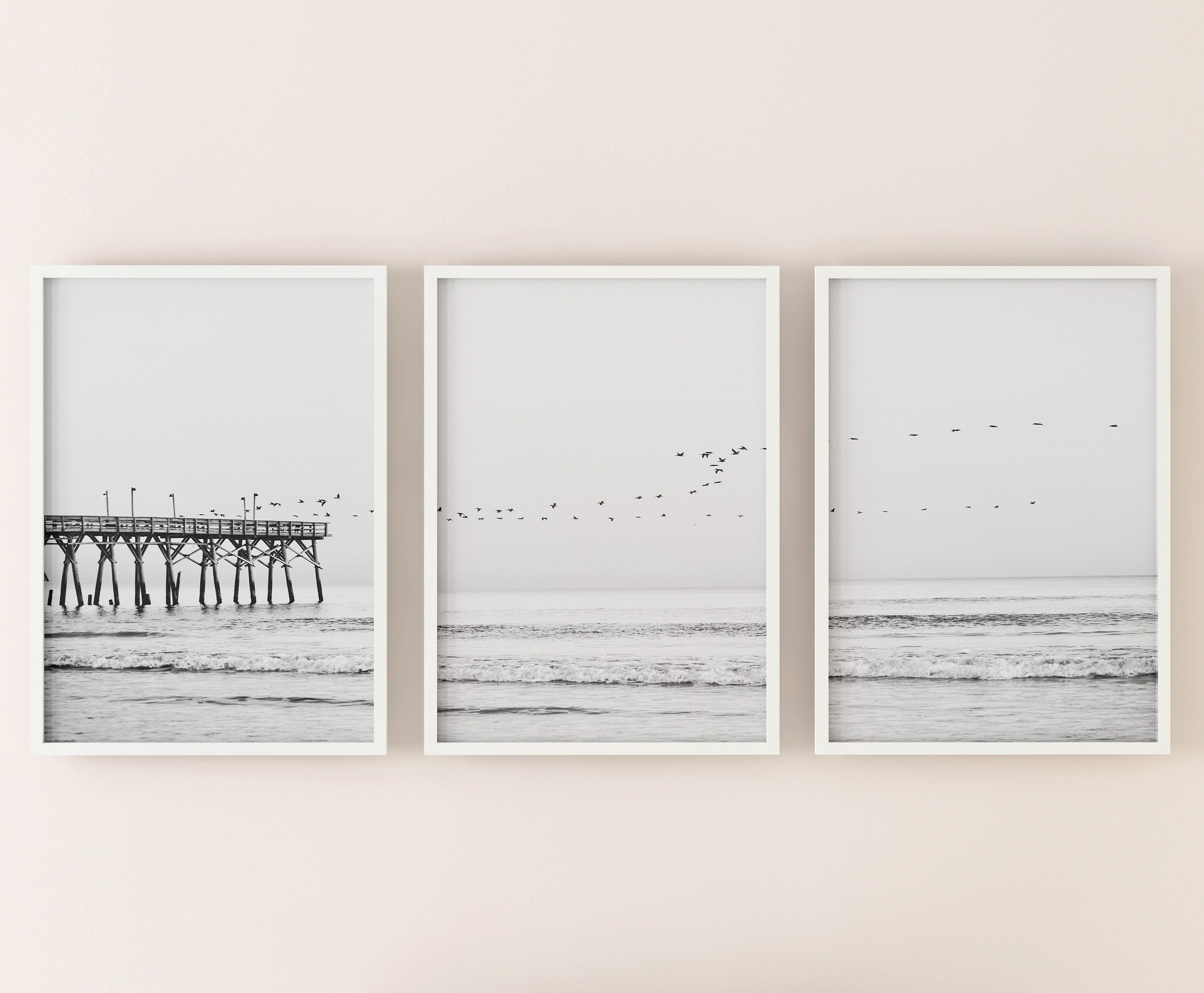 Set of 3 Coastal Prints, Printable Beach Wall Art, Black and White ...