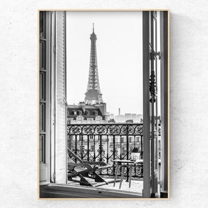 Printable photo PARIS stunning Eiffel Tower view from balcony, black and white original art print, Digital download