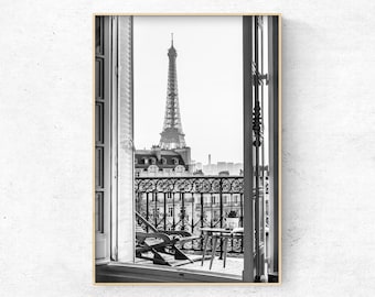 Printable photo PARIS stunning Eiffel Tower view from balcony, black and white original art print, Digital download