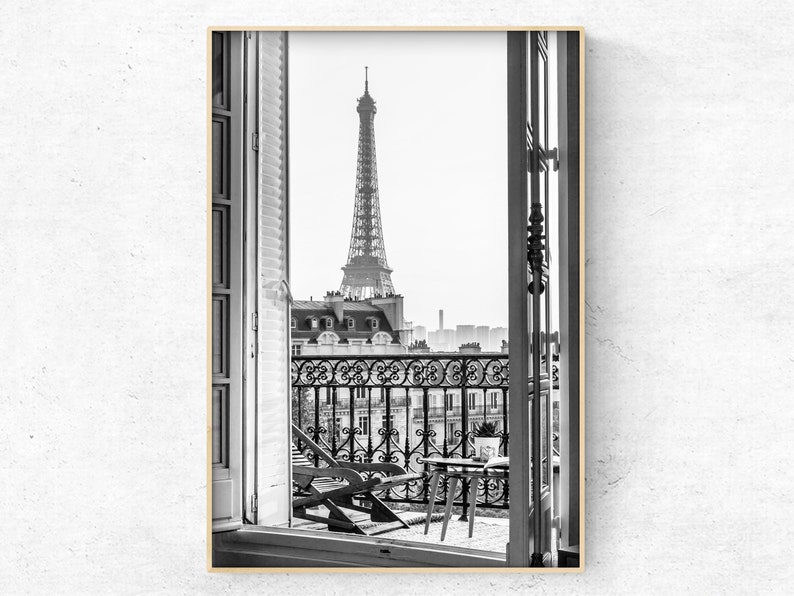 Printable photo PARIS stunning Eiffel Tower view from balcony, black and white original art print, Digital download image 1