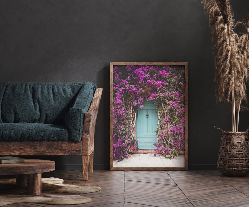 Printable Door Photo With Bougainvillea Pink and Aqua Digital - Etsy