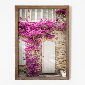 Printable door photo with bougainvillea, pink and white digital print, floral Mediterranean wall art, French country decor, Instant Download