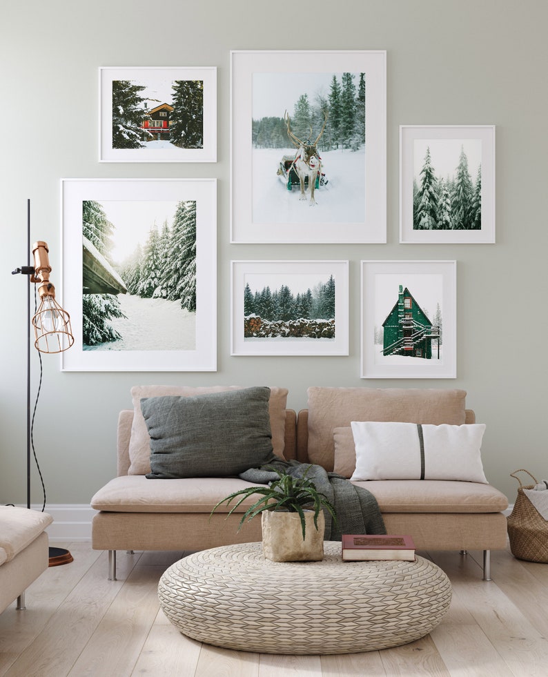 SET OF 6 Winter Forest Prints , Reindeer Photo, Chalet, Snow Christmas ...