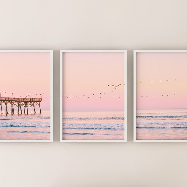 Set of 3 Coastal Prints, blush pink beach wall art, printable jetty photo, Ocean print instant download, Above bed wall art