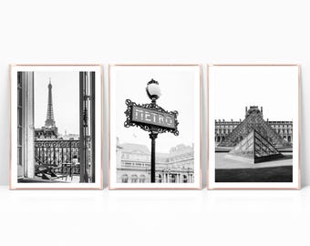 Set of 3 printable black and white Paris photos, Paris gallery wall set, architecture print set, original art print, Digital download
