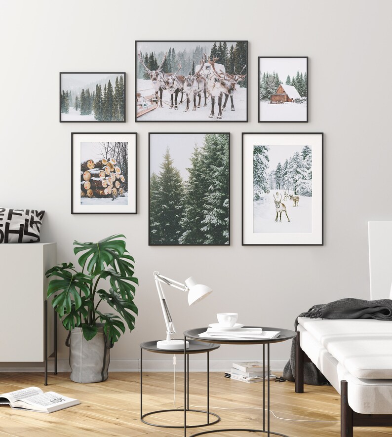 SET OF 6 Winter Forest Prints , Reindeer Photo, Chalet, Snow Christmas ...