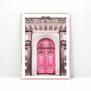 Download Printable Photo Pink Paris door, French architecture digital art print, Elegant European decor poster, pastel pink ornamental print