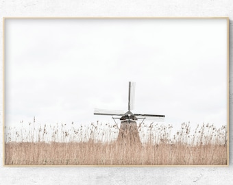 Printable photo of a Dutch windmill in a field, modern farmhouse decor, Digital download