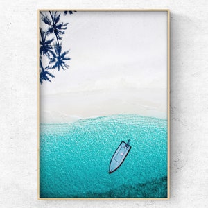 Printable coastal wall art, Aerial Blue boat print, Ocean print instant download, beach photo wall art