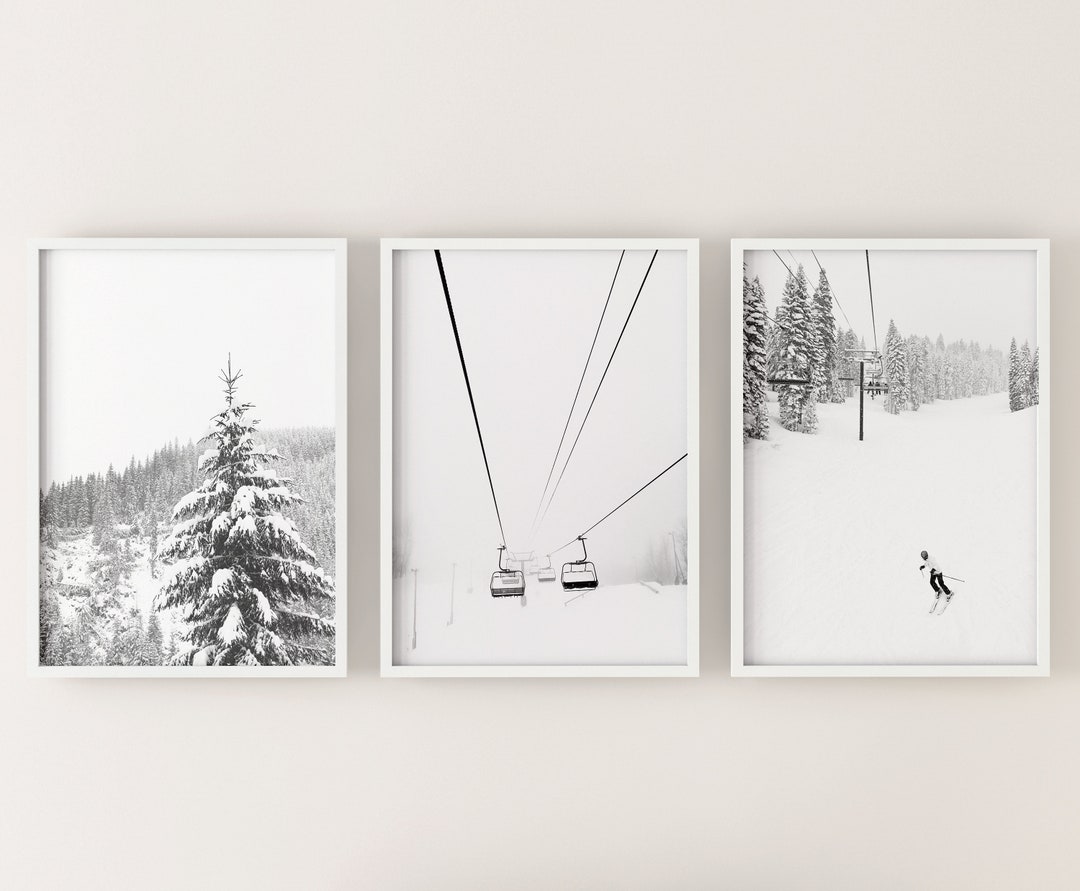 SET OF 3 Prints Winter Snow Trees Ski Print Gallery Wall, Black and ...