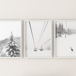Peut inclure: Trois photographies en noir et blanc encadrées d'une scène de montagne enneigée. La première photo montre un pin enneigé au premier plan avec une chaîne de montagnes en arrière-plan. La deuxième photo montre un téléski avec plusieurs gondoles sur fond enneigé. La troisième photo montre un skieur au premier plan avec une chaîne de montagnes enneigée en arrière-plan.