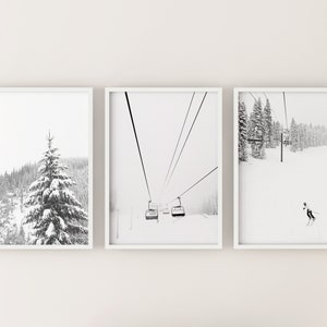 SET OF 3 Prints Winter Snow trees Ski print gallery wall,  black and white Chalet Decor Digital Art Print, Instant Download