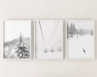 SET OF 3 Prints Winter Snow trees Ski print gallery wall,  black and white Chalet Decor Digital Art Print, Instant Download