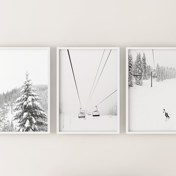 SET OF 3 Prints Winter Snow trees Ski print gallery wall, noir et blanc Chalet Decor Digital Art Print, Instant Download