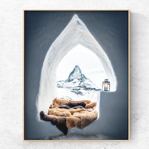 May include: A cozy snow cave with a view of the Matterhorn mountain peak. The cave is decorated with a furry rug and a lantern.