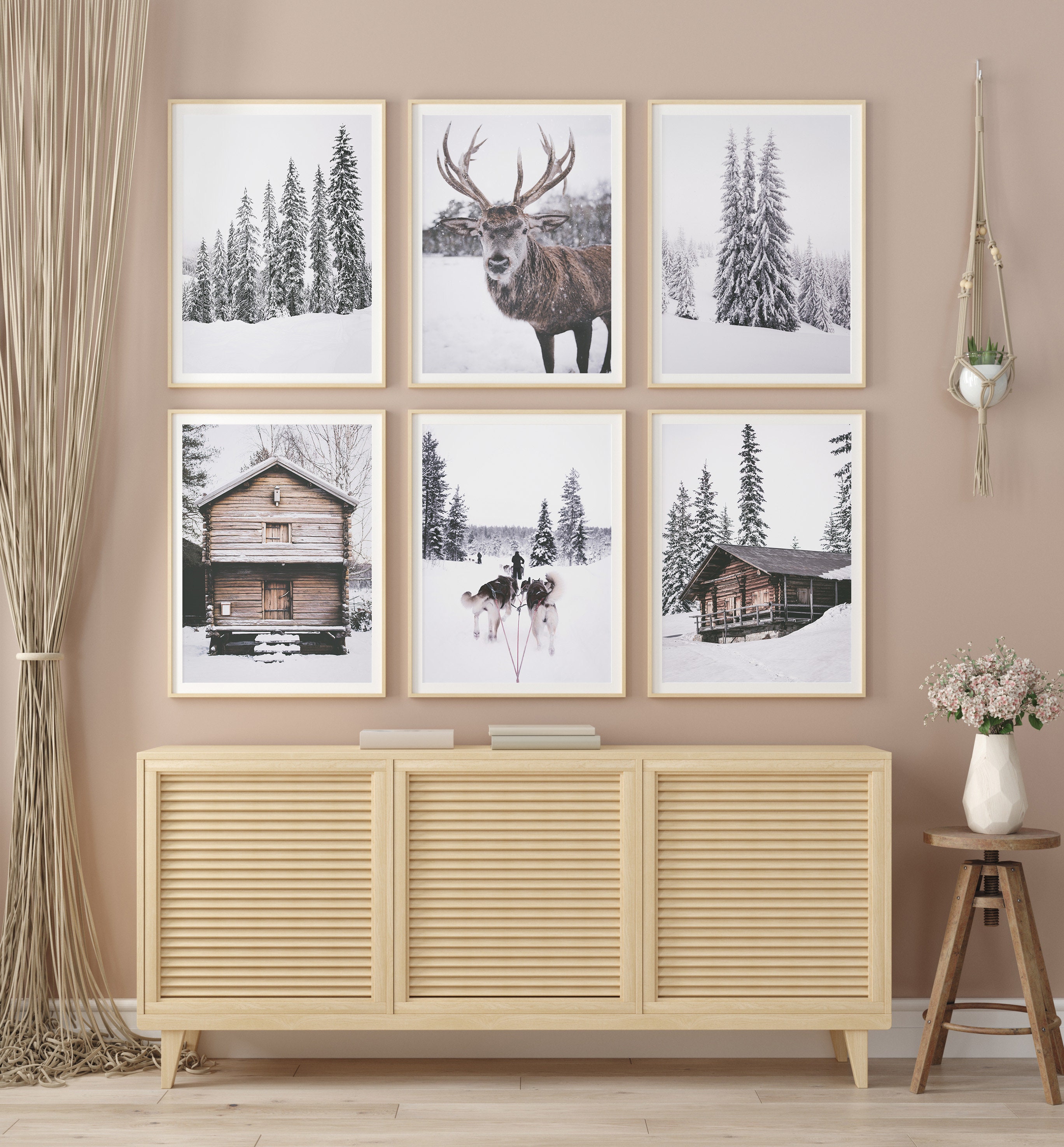 SET OF 6 Winter Forest Prints , Reindeer Photo, Log Cabin , Christmas ...