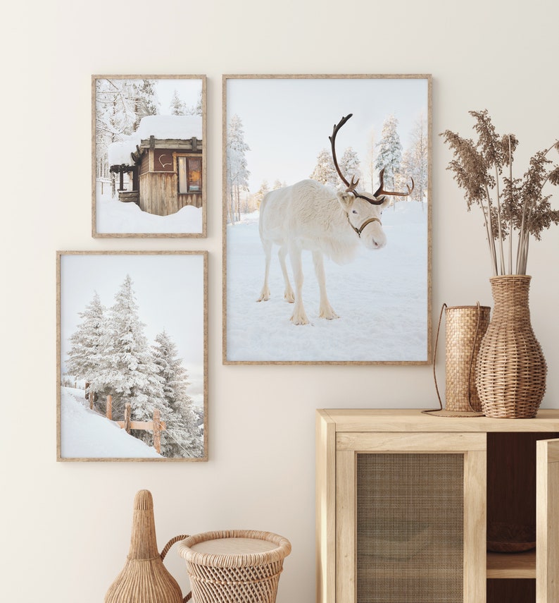 Winter Set of 3 Prints, White Reindeer, Snow Forest Photo, Log Cabin ...