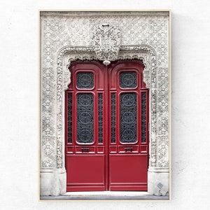 Printable photo red Paris door, French architecture print,  Instant Download