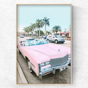 Download printable photo vintage cadillac,  pink and teal vertical digital art print