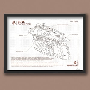 Könnte beinhalten: Eine Strichzeichnung einer futuristischen Pistole namens "Core Flaylock Pistol" mit dem Text "DUST" und "MINMATAR REPUBLIC" auf dem Bild. Die Pistole hat ein Raketenmagazin, ein Visier und eine Schrift über die Kernkomplexität.