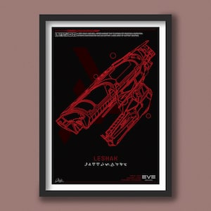 Könnte beinhalten: Eine rote Linienzeichnung eines Raumschiffs namens Leshak, ein sehr schweres und gut bewaffnetes Kriegsschiff, das in der Lage ist, einen supratidalen entropischen Desintegrator zu montieren und eine große Auswahl an Unterstützungswaffen zu tragen. Das Bild befindet sich auf einem schwarzen Hintergrund mit dem Text "EVE Online" unten.