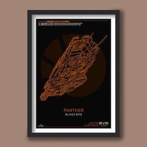 以下が含まれることがあります： 宇宙船の線画が描かれた黒とオレンジのポスター。ポスターのテキストには「パンサーブラックオプス」と「EVEオンライン」と書かれている。