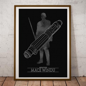 Peut inclure: Une illustration en noir et blanc d'un personnage de Star Wars, Mace Windu, avec son sabre laser. L'image est sur un fond noir avec des étoiles blanches.