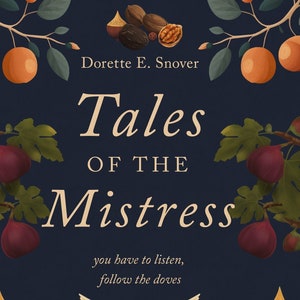 May include: Book cover with a dark blue background and a title that reads "Tales of the Mistress". The title is in a light brown font. The cover features illustrations of doves, a fireplace, wheat, and figs. The text "you have to listen, follow the doves" is in a smaller font below the title.