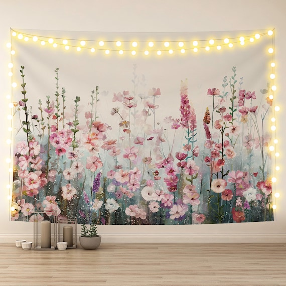 Colorful Floral Fabric Tapestry Wall Hanging Spring Pink Flowers Decor 80x60in 