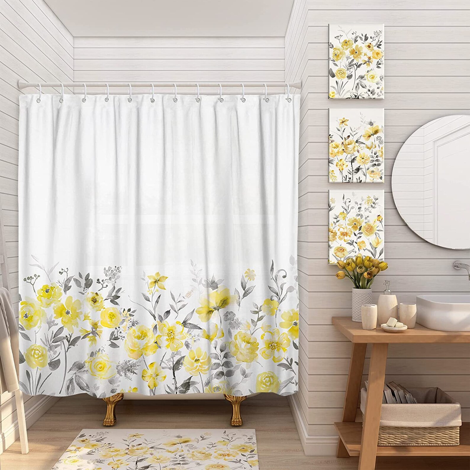 Rustic Shower Curtain for Bathroom Yellow Gray Leave Print Etsy