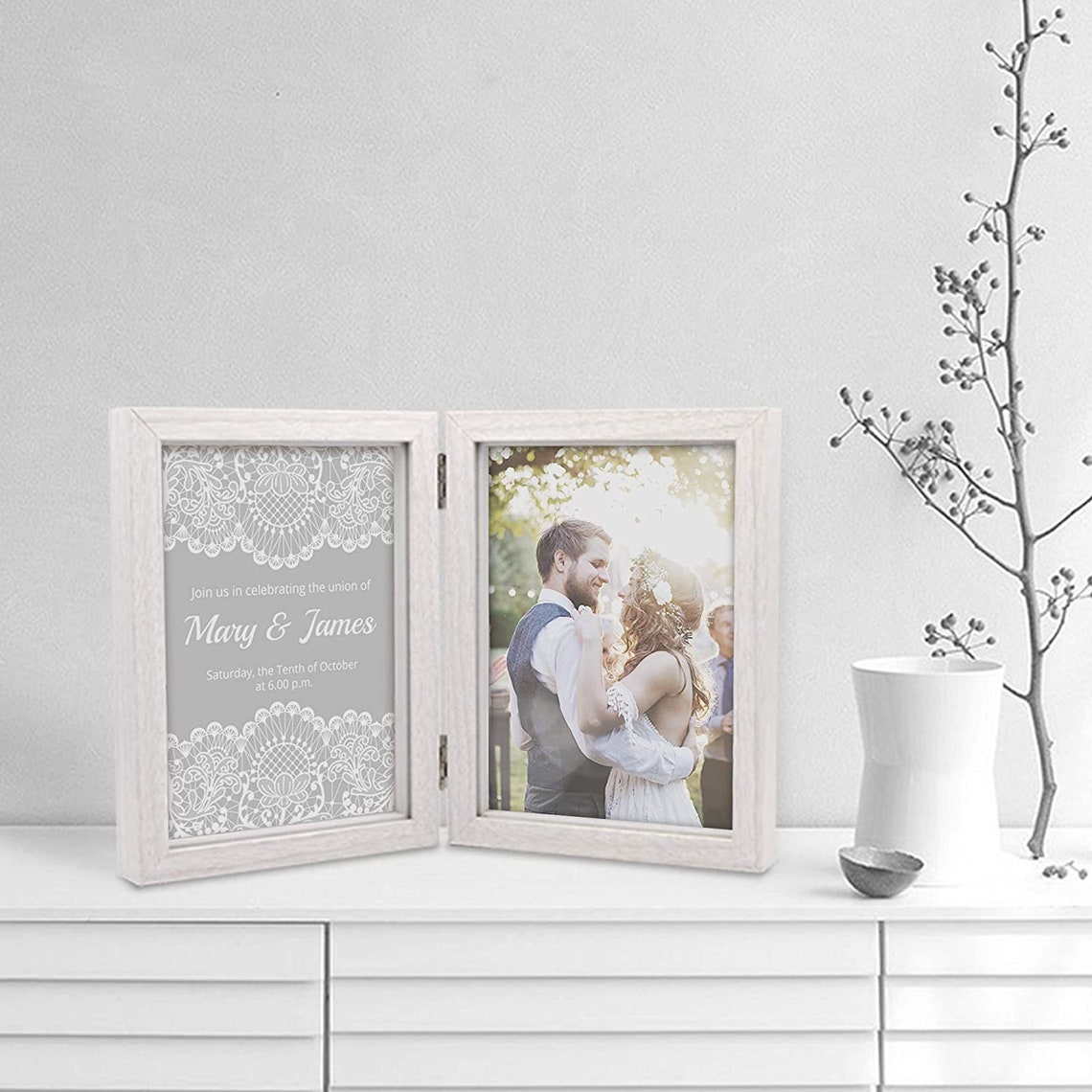 Double Picture Frame 5x7 White Wooden Hinged Photo Frames Etsy