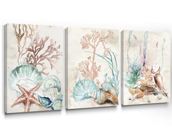 Sumgar Coastal Shell Starfish Coral Conch Wall Art Picture Watercolor Decor Prints for Beach House Bathroom Living Room 12x16 Inch, 3 Piece