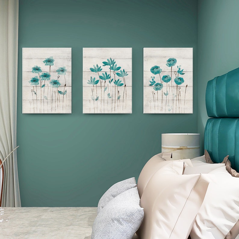 Teal Flower Framed Wall Art Set of 3 Botanical Canvas Etsy