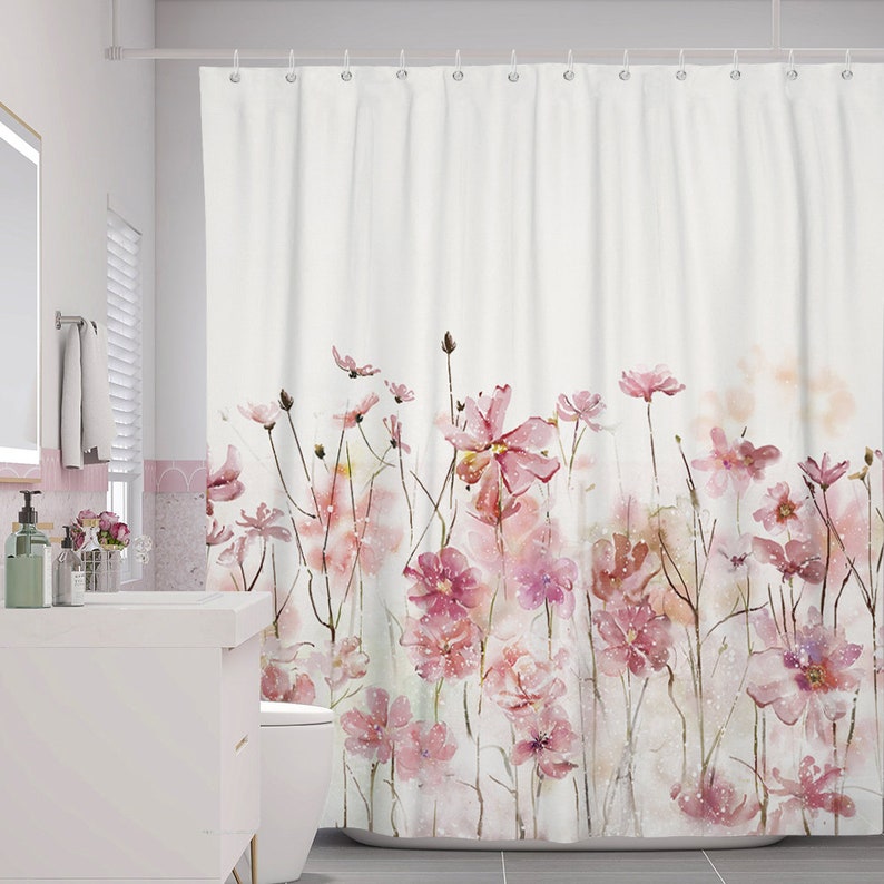 Sumgar Pink Floral Fabric Shower Curtain Spring Farmhouse Etsy