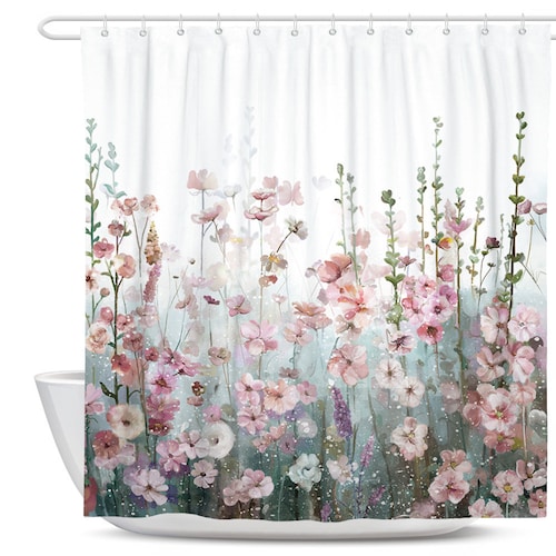 Sumgar Pink Floral Fabric Shower Curtain Spring Farmhouse Etsy