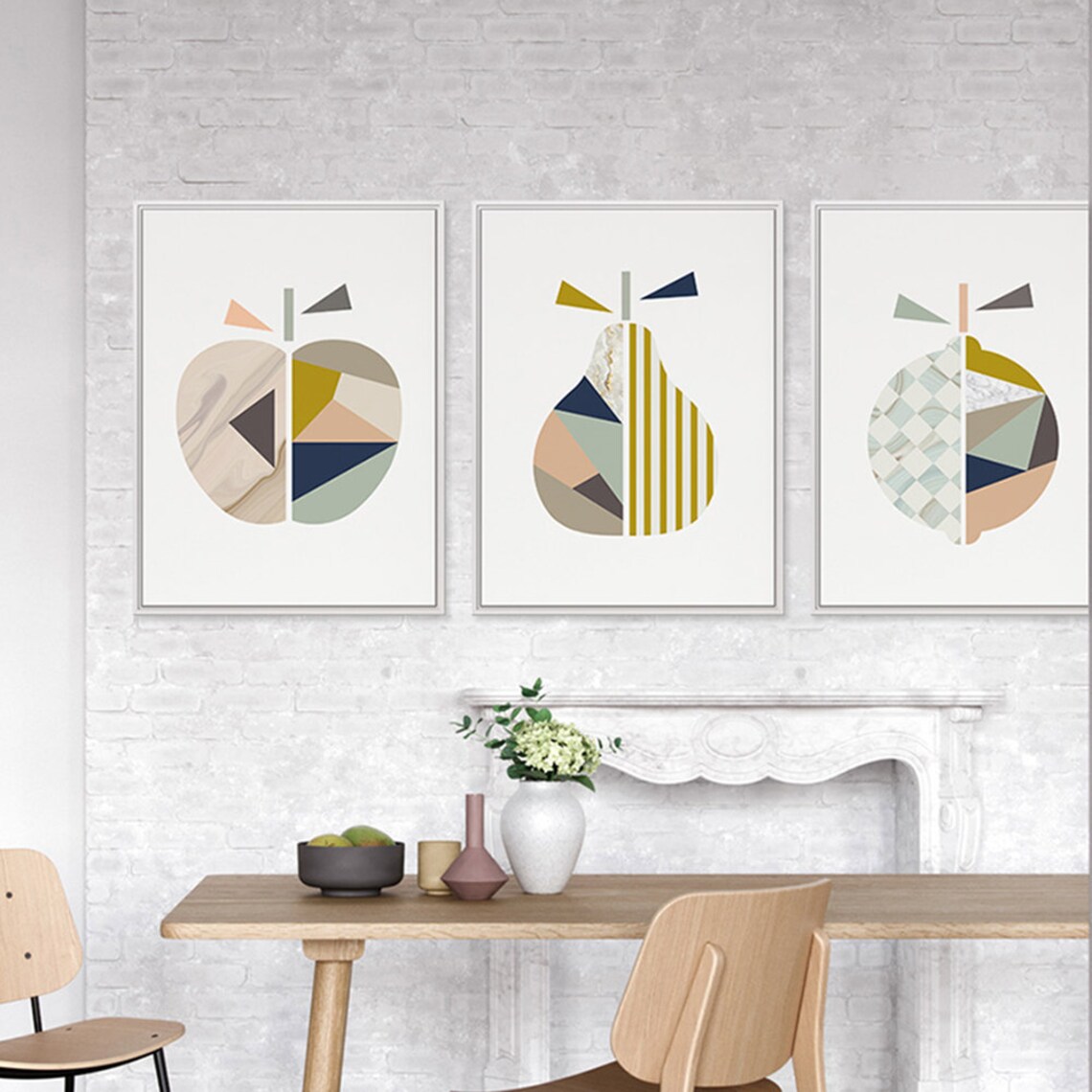 Abstract Geometric Fruit Wall Art Yellow Grey Apple Lemon | Etsy