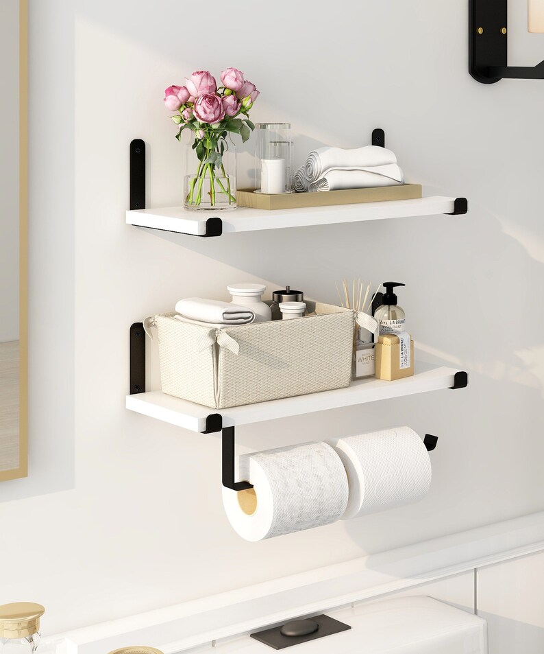 White Floating Shelves With Towel Holder Modern Wall Mounted Etsy