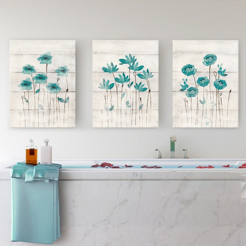 Teal Flower Framed Wall Art Set of 3 Botanical Canvas Etsy