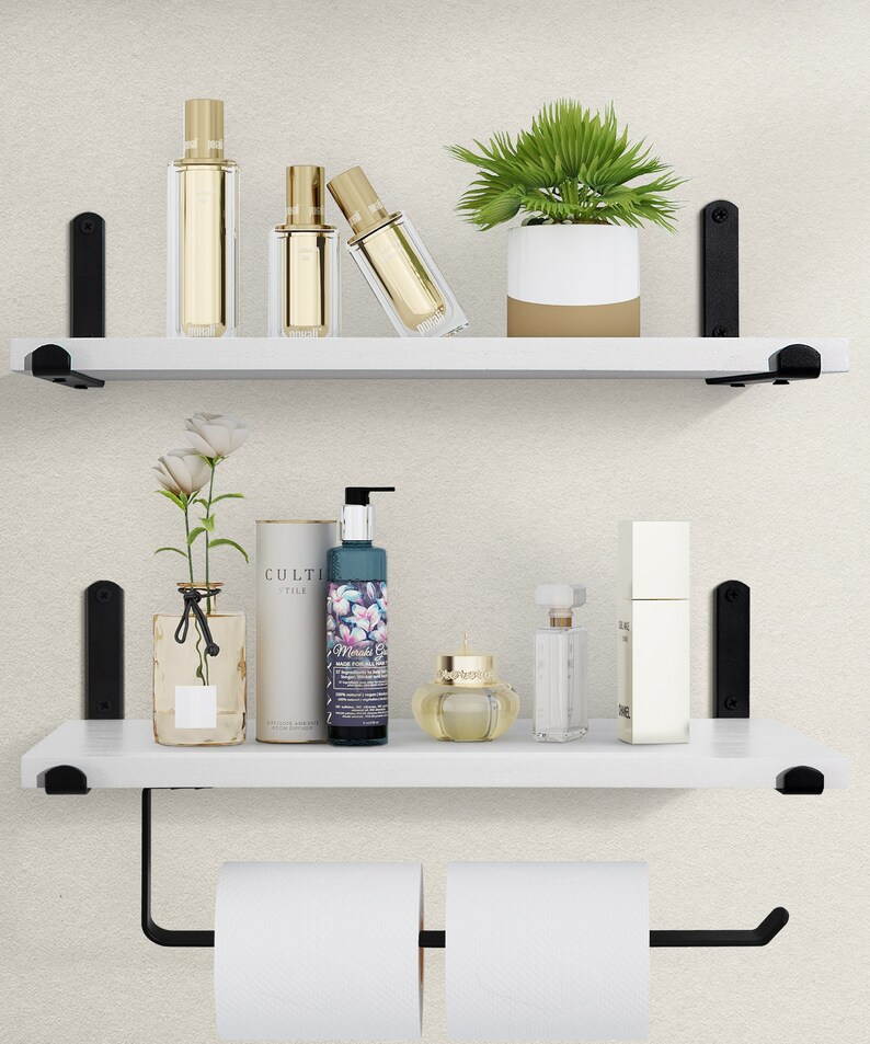 White Floating Shelves With Towel Holder Modern Wall Mounted Etsy