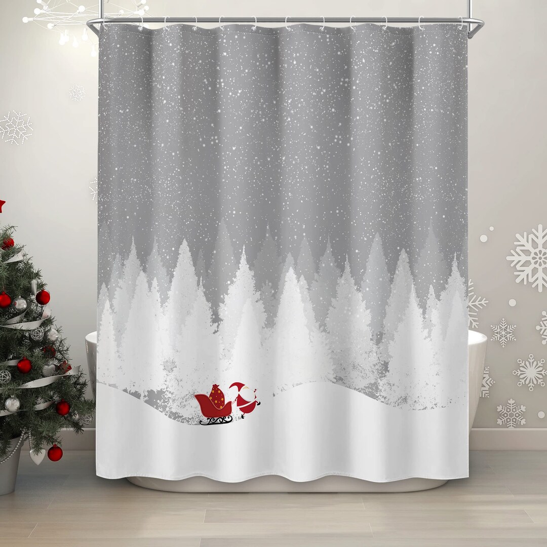 SUMGAR Santa Shower Curtain Christmas Winter Snow Grey Holiday Shower