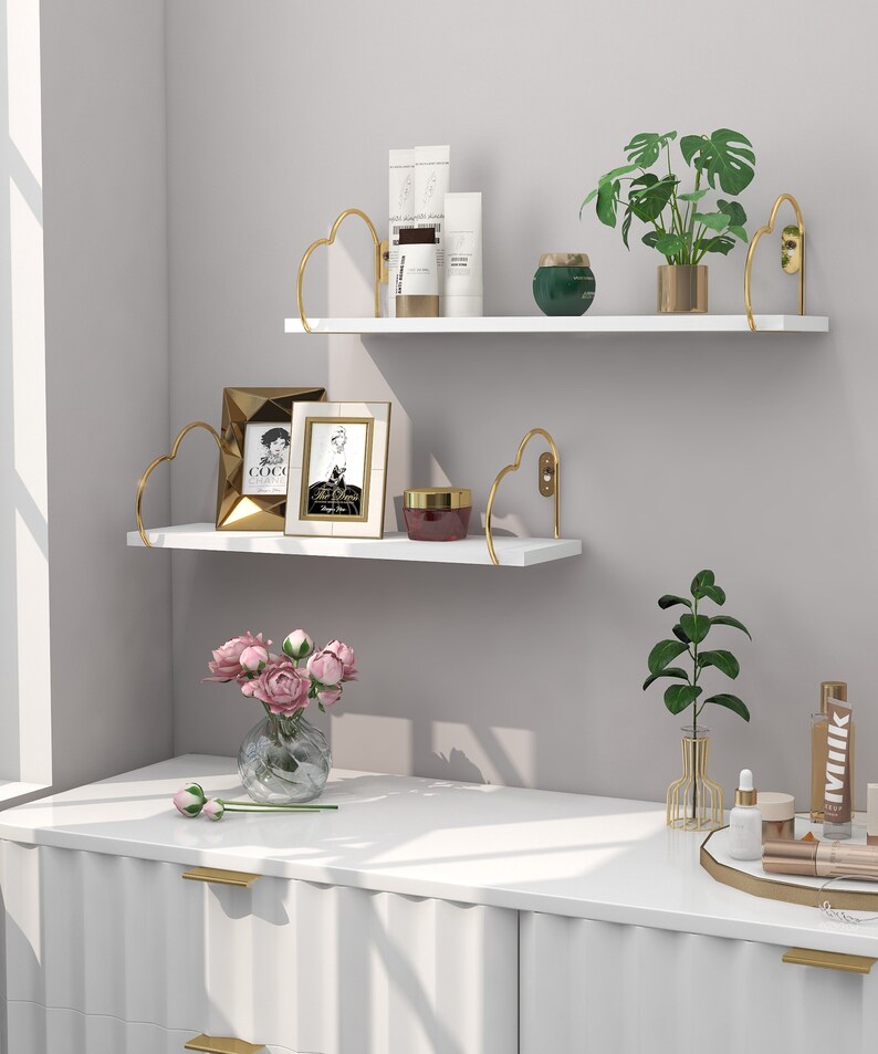 White Floating Shelves 24 Inch Long Wall Shelf With Gold Etsy